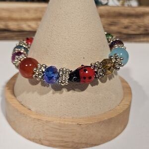 Murano Glass Multicolor Lady Bug Beaded Bracelet Stretchy Women's Jewelry Spring